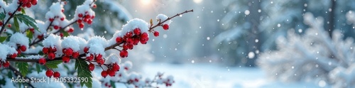 Snow-covered Winterberry stems with leaves still visible, evergreen, nature, winterberry photo