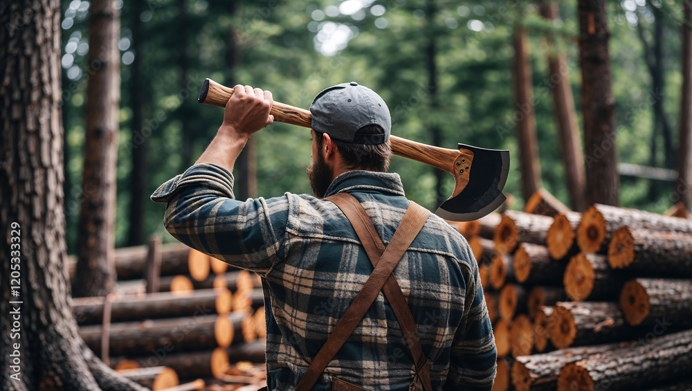 Naklejka premium Lumberjack Standing in a Dense Forest Holding an Axe, Surrounded by Tall Trees in a Remote Woodland Setting