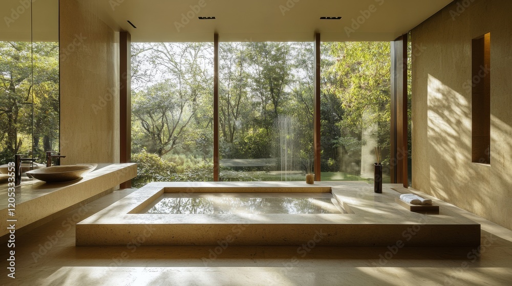 Fototapeta premium A bathroom with natural light pouring in through large windows, highlighting minimalist design elements like smooth stone tiles and sleek fixtures