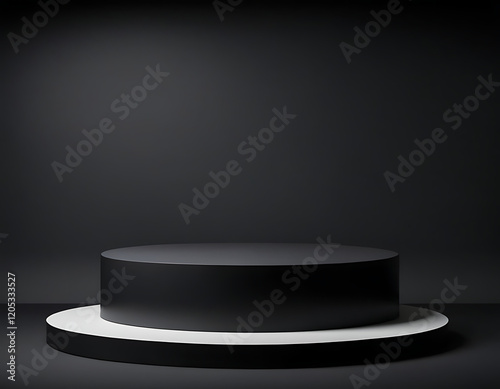Black cylindrical platform or podium on a white base against a dark background.  Suitable for product display, presentations, or minimalist design themes.