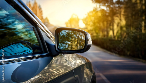 Wallpaper Mural Close-up of a car's side mirror reflecting a sun-drenched autumnal landscape.  Perfect for themes of travel, adventure, or automotive industry.  Ideal for blogs, websites, and marketing materials. Torontodigital.ca