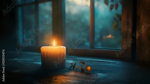 A close-up of the candle flame in front of an open window, casting soft shadows on its surroundings.  photo