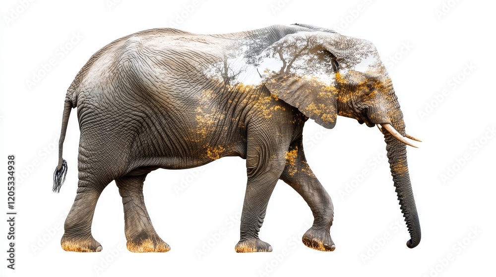 Obraz premium Majestic elephant with double exposure of african savannah wildlife scene
