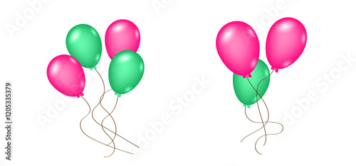 vector pink and green glossy balloons composition on a string in the air