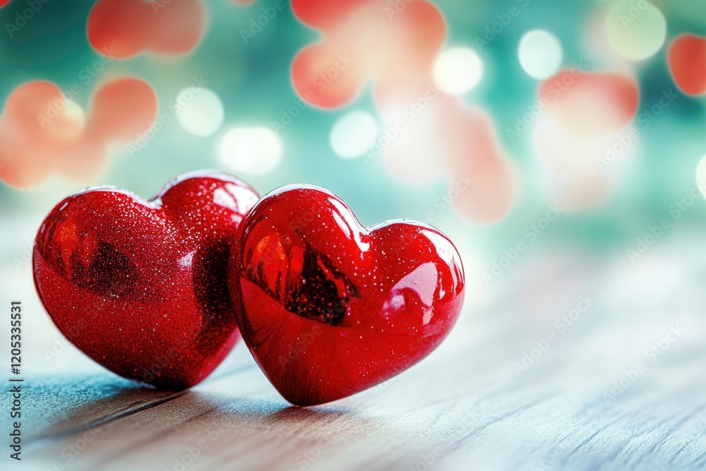 A pair of red hearts sitting on a wooden table, perfect for Valentine's Day or romantic gestures A pair of red hearts sitting on a wooden table, perfect for Valentine's Day or romantic gestures