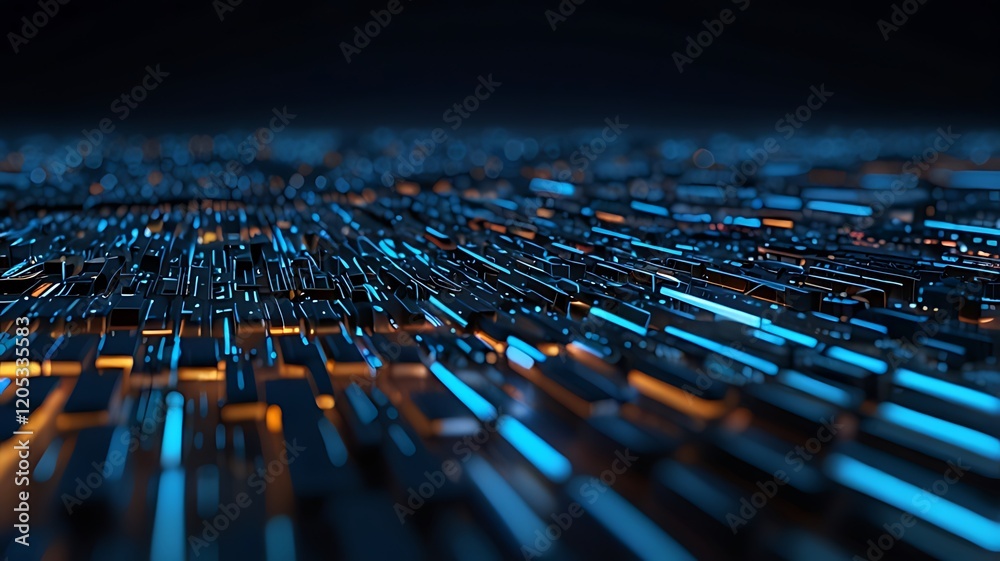 Obraz premium Abstract digital landscape with glowing lines in blue and orange hues.