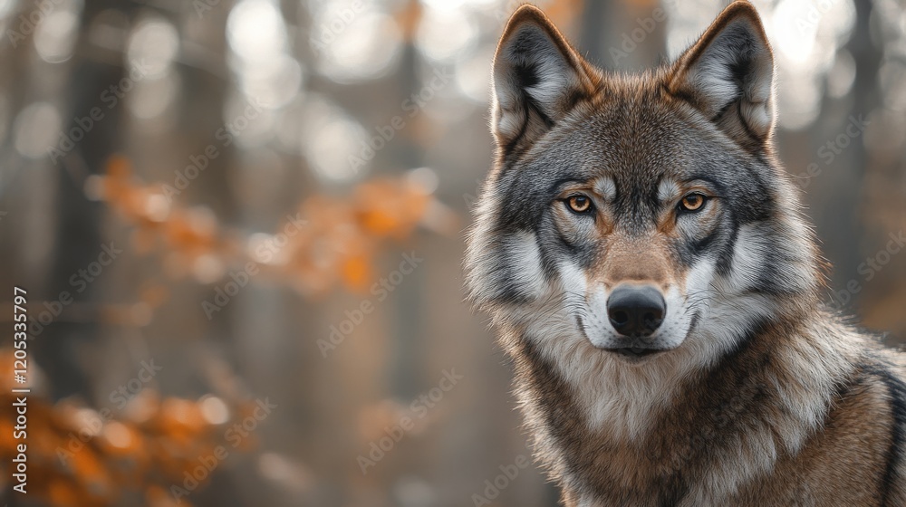 Fototapeta premium Majestic wolf in forest with double exposure effect and grey palette