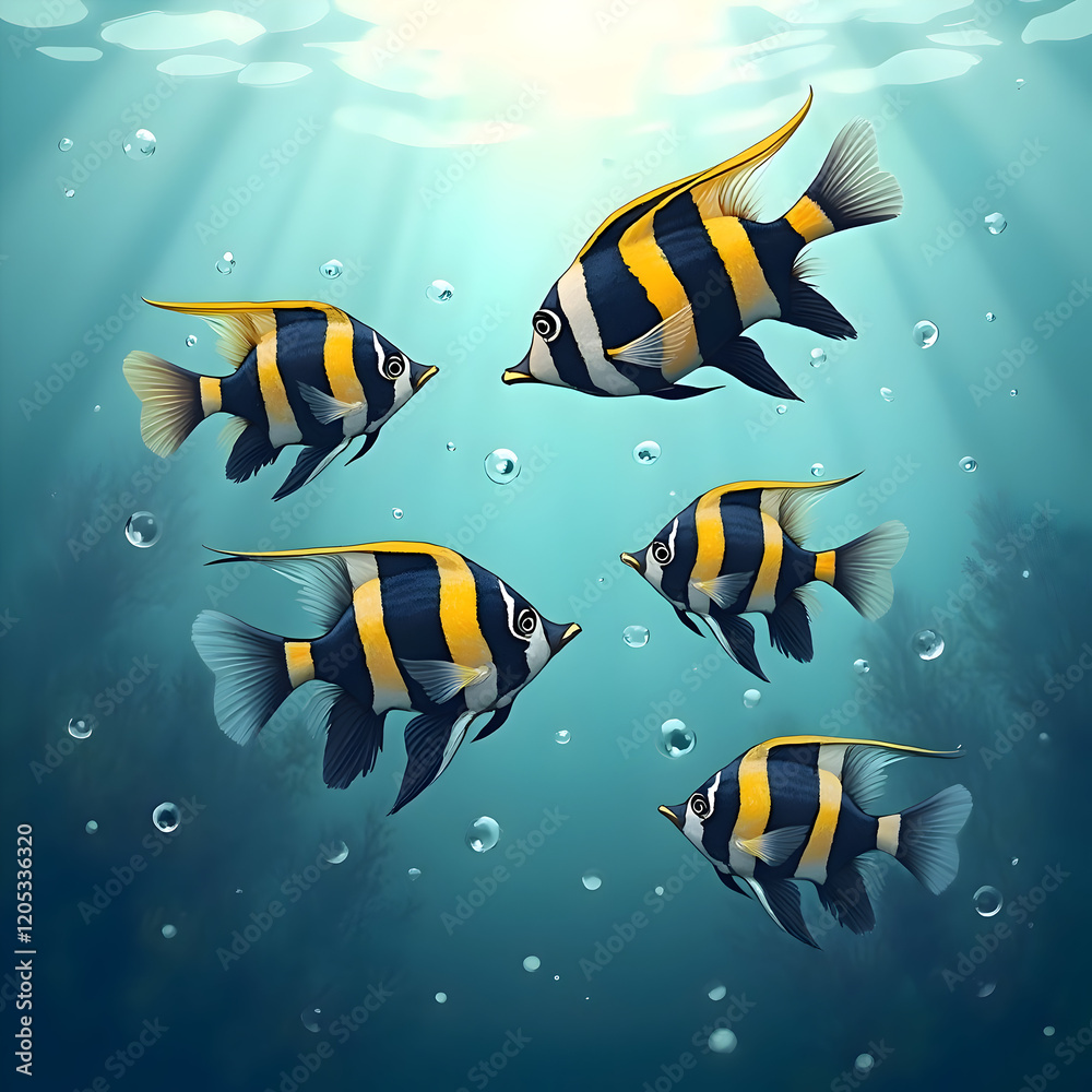 Fototapeta premium An illustration of Moorish idol fish, showcasing vibrant colors, underwater scenes, and detailed aquatic life in vector art style