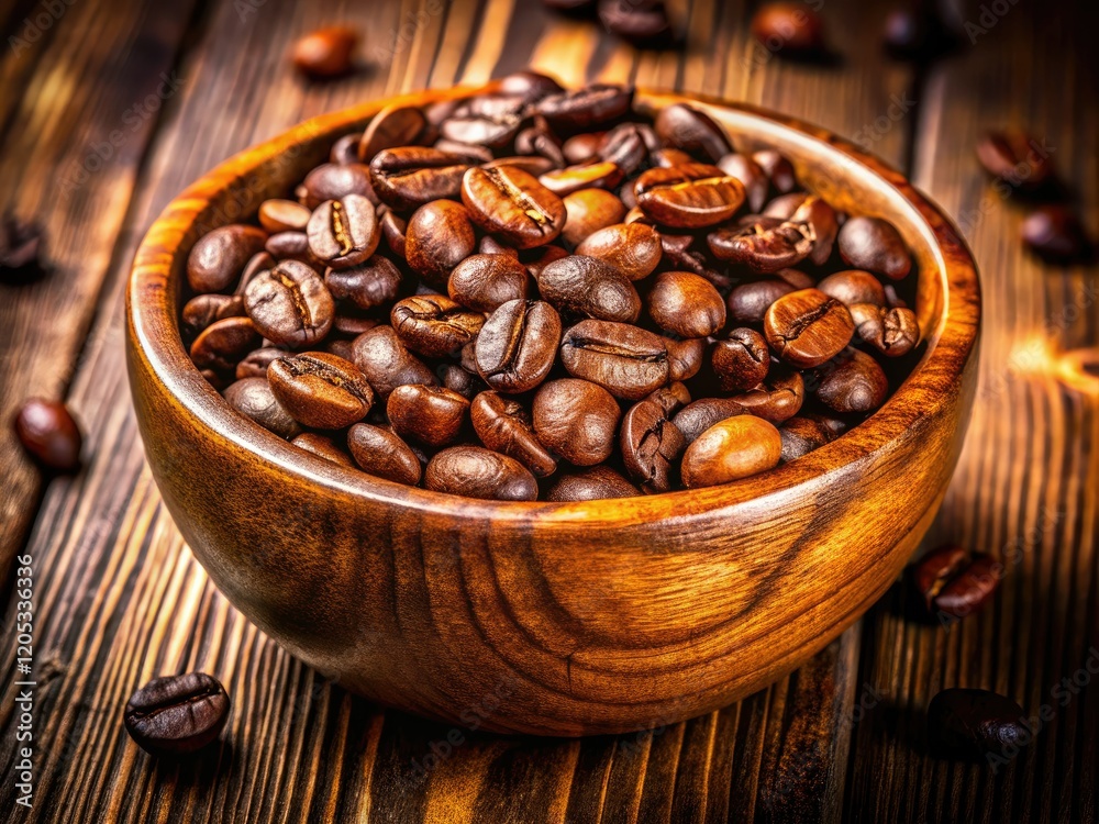 Fototapeta premium Rich, aromatic coffee beans fill a rustic wooden bowl, captured in stunning high-resolution detail.