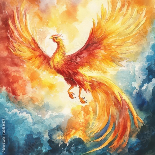 A majestic, soaring Phoenix, rendered in stunning watercolor style photo