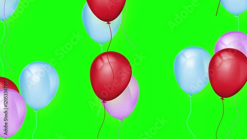Balloons flying from bottom to top on green screen background 4K animation, red, pink, and blue balloons