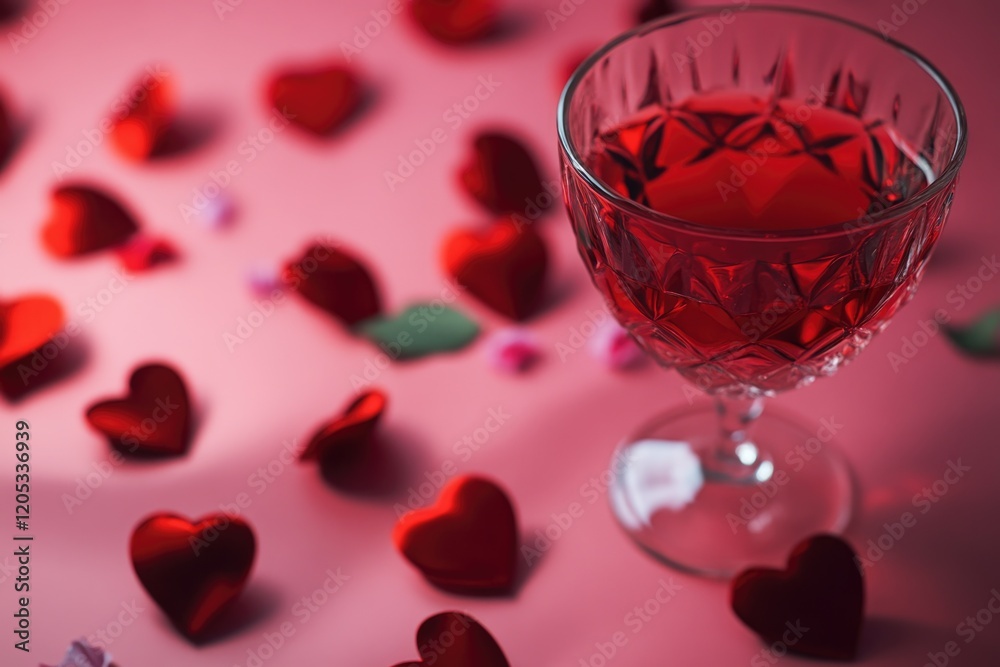 A glass filled with red liquid surrounded by hearts