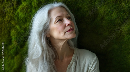 Older woman with pale skin, long white hair, and crow's feet, isolated on a moss-green background, natural textures and shadows. Horizontal banner Women's day, Mother's day concept photo