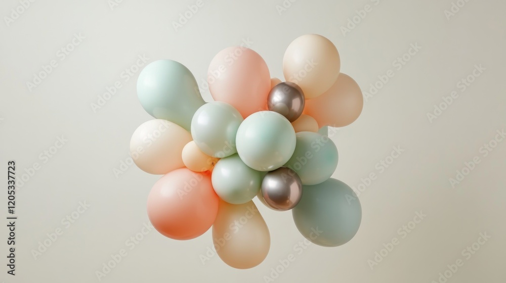 A festive balloon bouquet with soft, pastel-colored balloons and a few metallic accents, gently floating against a neutral background, captured in soft A festive balloon bouquet with soft, pastel-colored balloons and a few metallic accents, gently floating against a neutral background, captured in soft