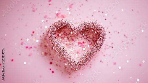 A pink heart shaped decoration surrounded by colorful confetti sprinkles, perfect for celebrations and gift-giving