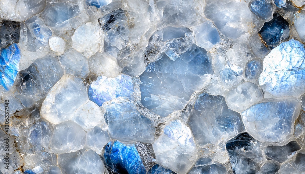 Obraz premium Close-up of Moonstone showcasing stunning adularescence and unique textures, highlighting the beauty of stone surface patterns and the enchanting play of light on its texture.