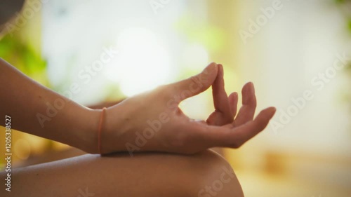 Wallpaper Mural A hand is poised in a meditative gesture, resting on a knee, surrounded by soft, natural light filtering through the space. The atmosphere is calm and serene, inviting relaxation Torontodigital.ca