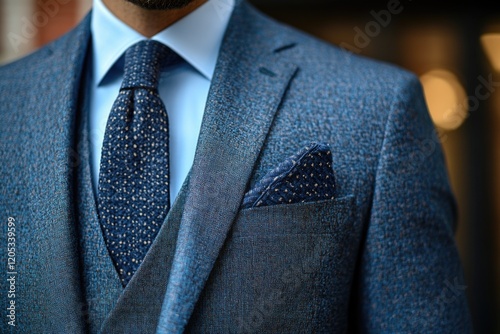 A close-up shot of a man dressed in formal attire, highlighting his suit and tie