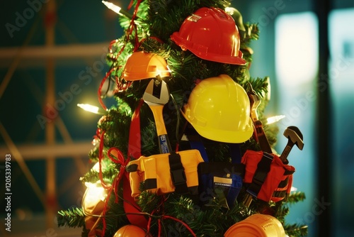 A festive Christmas tree decorated with construction tools like wrenches, hammers, and hard hats photo