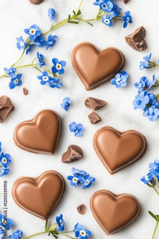 Obraz premium A bundle of chocolate hearts surrounded by bright blue flowers, perfect for romantic or sweet occasions
