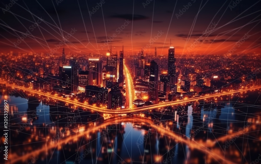 Fototapeta premium Cityscape at Twilight with Network Connections
