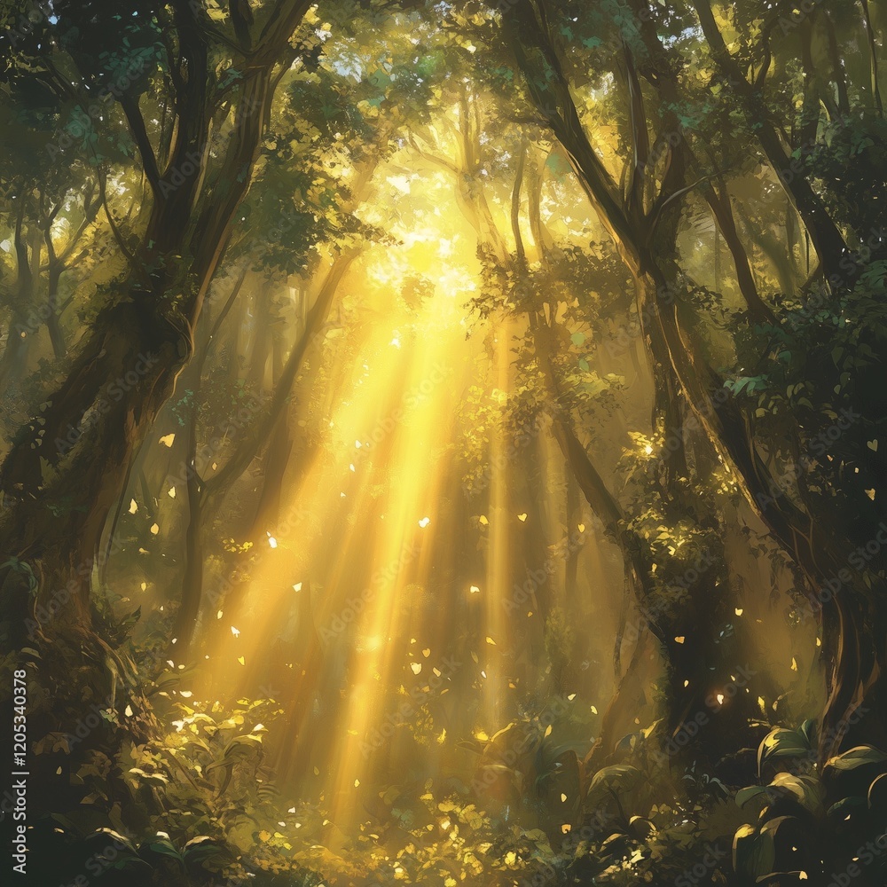 Obraz premium A mystical forest bathed in golden sunlight, beams of light breaking through the dense canopy