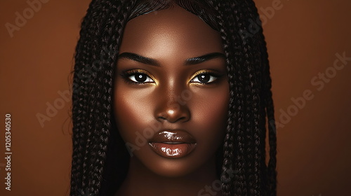 Young petite woman, deep ebony skin, long braided hair, golden beads, scar across her eyebrow, isolated on a warm chocolate brown, earthy textures. Horizontal banner Women's day, Mother's day concept