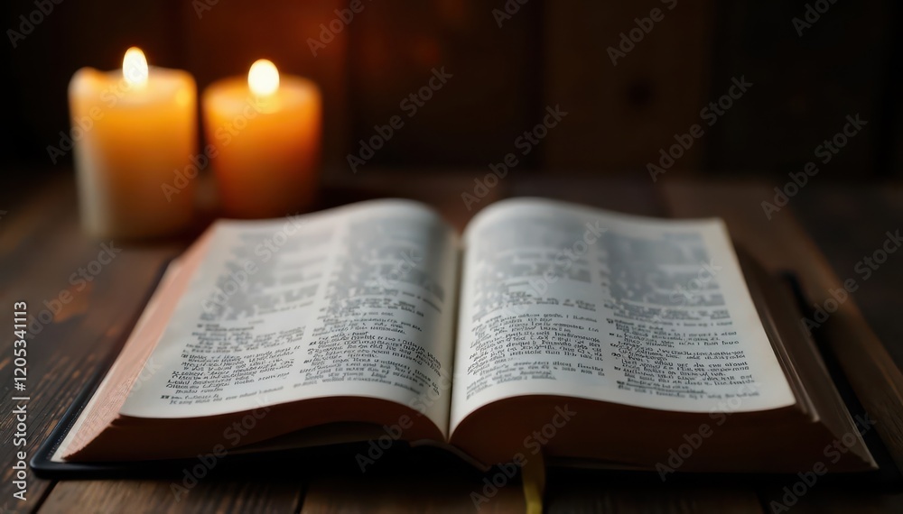 Obraz premium Wooden table with open Bible and a few candles lit nearby, soft lighting, scripture, book