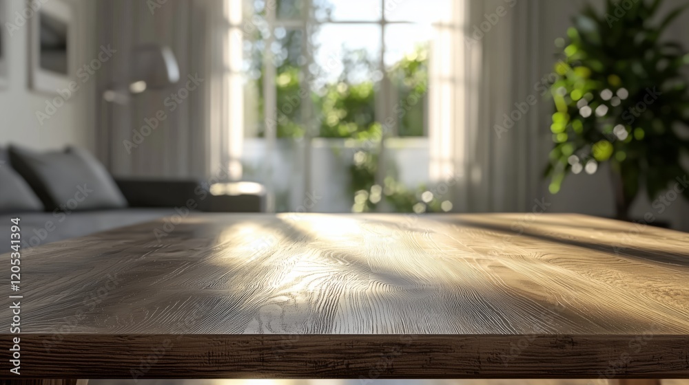 Sunlit Wooden Table in Modern Living Room with Green Plants Sunlit Wooden Table in Modern Living Room with Green Plants