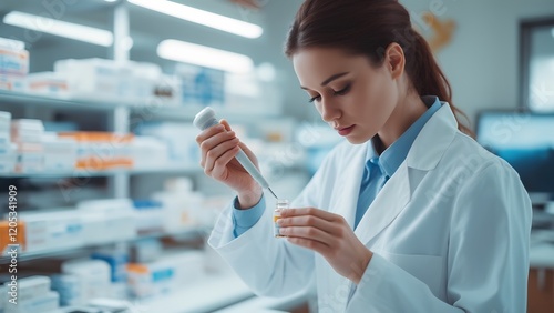 A female pharmacist in a pharmacy measuring liquid medicine, symbolizing precision, healthcare, and pharmaceutical care.