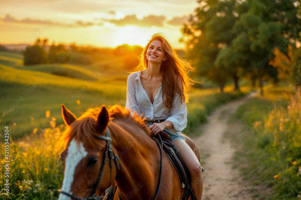 Obraz premium Smiling young woman riding a horse along a countryside trail at sunset, enjoying a peaceful summer evening.