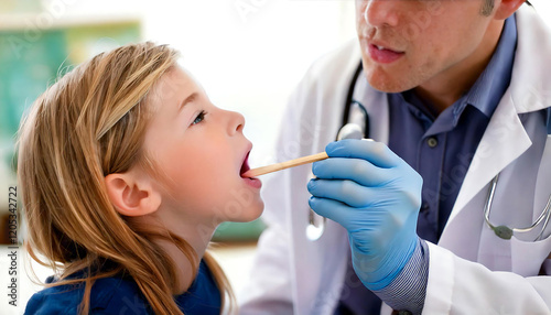 Close-up of a doctor examining a young girl's throat.  The image conveys care, trust, and professionalism, ideal for healthcare, pediatrics, and medical websites. photo