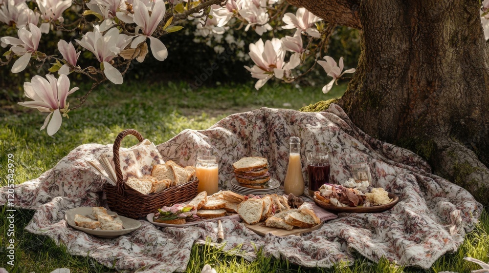Obraz premium Springtime Picnic Under Magnolia Tree Blossoms