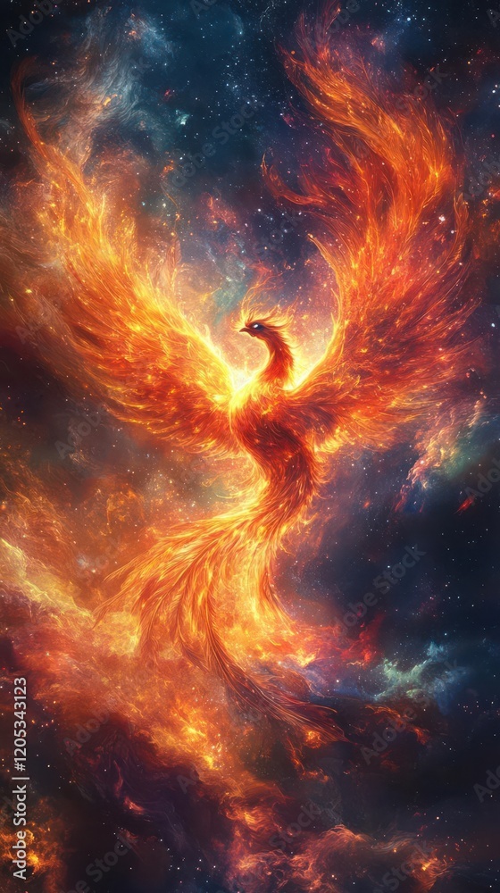 Illustrate a Celestial Phoenix spreading its fiery feathers in a cosmic explosion, vibrant and majestic, in digital medium Illustrate a Celestial Phoenix spreading its fiery feathers in a cosmic explosion, vibrant and majestic, in digital medium