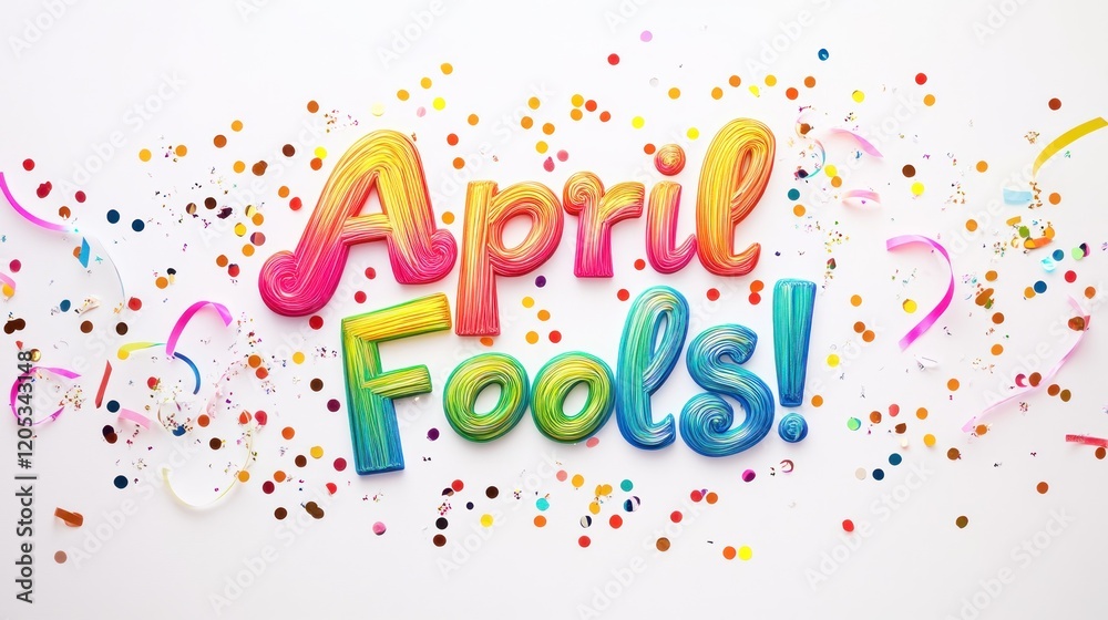 Colorful April Fools Message with Confetti and Ribbons on a White Background Colorful April Fools Message with Confetti and Ribbons on a White Background