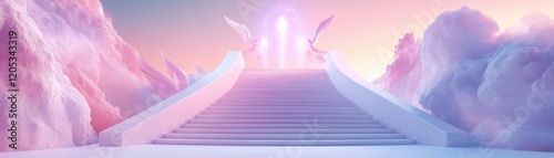 Illustrate a celestial staircase with holographic angels guiding the way in a 3D design Mystical, ethereal vibes in a dreamy pastel palette