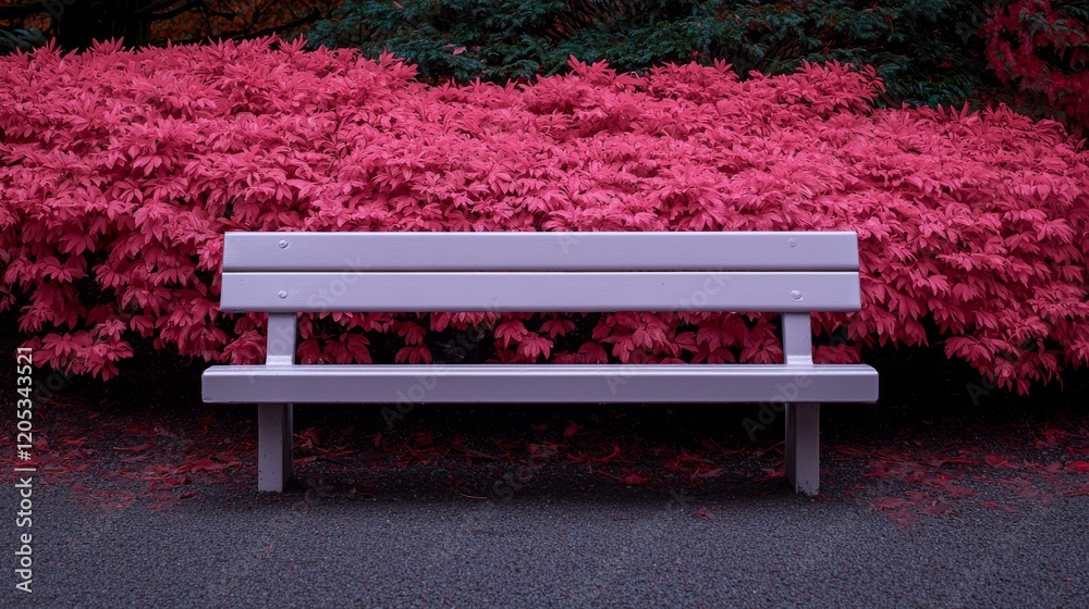 Empty park bench in front of vibrant pink bushes, ideal for business or relaxation concepts. Empty park bench in front of vibrant pink bushes, ideal for business or relaxation concepts.