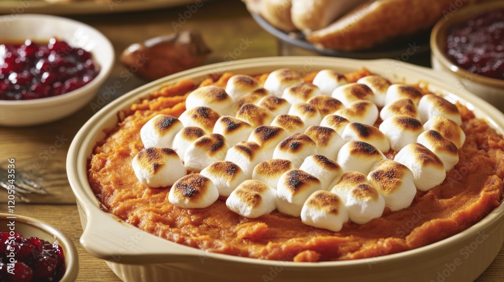 A warm, comforting dish featuring mashed sweet potatoes, fluffy marshmallows, and tangy cranberry sauce A warm, comforting dish featuring mashed sweet potatoes, fluffy marshmallows, and tangy cranberry sauce