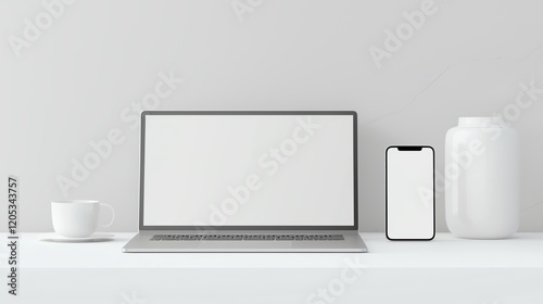 Minimalist workspace with laptop and smartphone on a white desk, perfect for productivity and modern aesthetics.