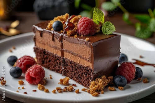 Close up of triple layer chocolate cake with rich filling, garnished with berries and mint photo