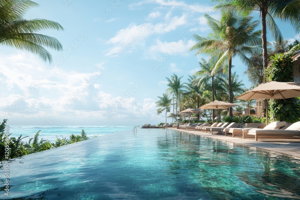 Fototapeta premium Breathtaking tropical resort with infinity pool merging into azure ocean and lush greenery