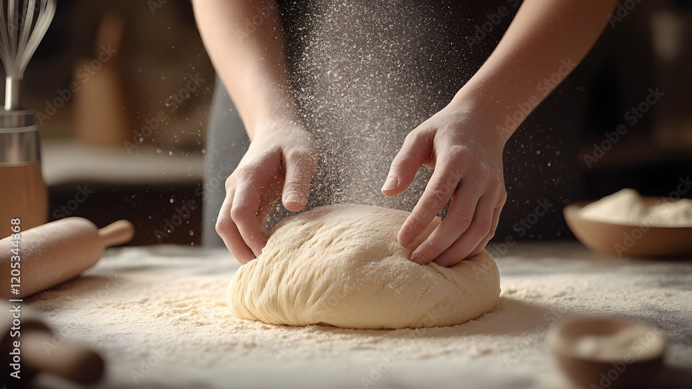Hands kneading dough on a floured surface in a cozy kitchen, symbolizing tradition, baking, and homemade food. Hands kneading dough on a floured surface in a cozy kitchen, symbolizing tradition, baking, and homemade food.