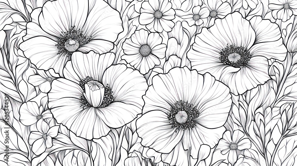 Detailed Black and White Line Art of Various Flowers with Petals and Leaves Pattern Detailed Black and White Line Art of Various Flowers with Petals and Leaves Pattern