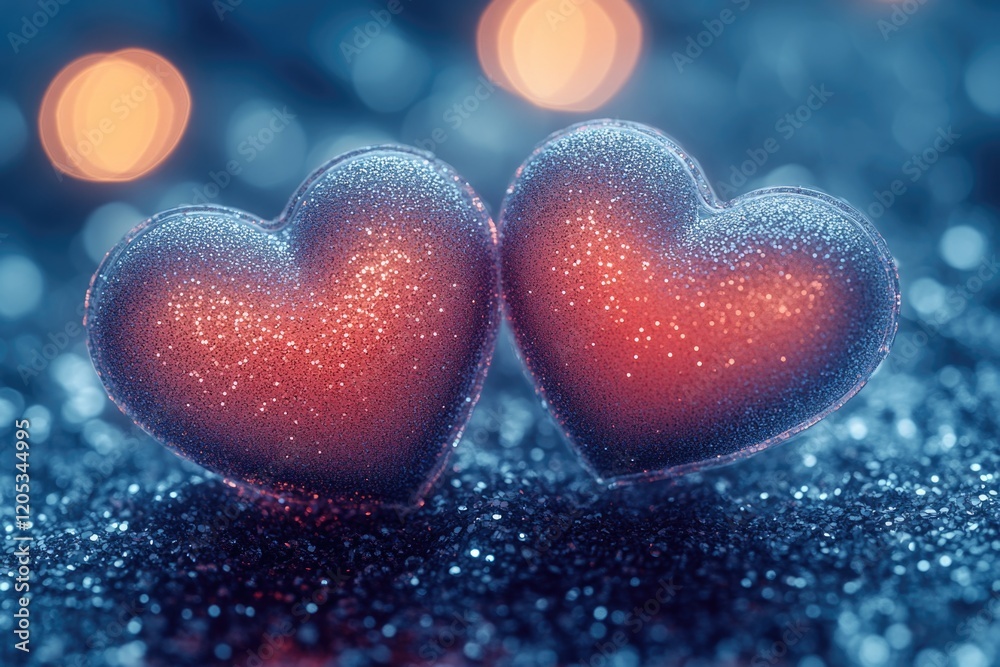 Fototapeta premium Two heart-shaped soap bubbles sit on a table, perfect for romantic or whimsical scenes