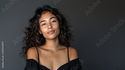 Beautiful young woman with long dark curly hair and light makeup wearing a black off-the-shoulder dress smiling at the camera.