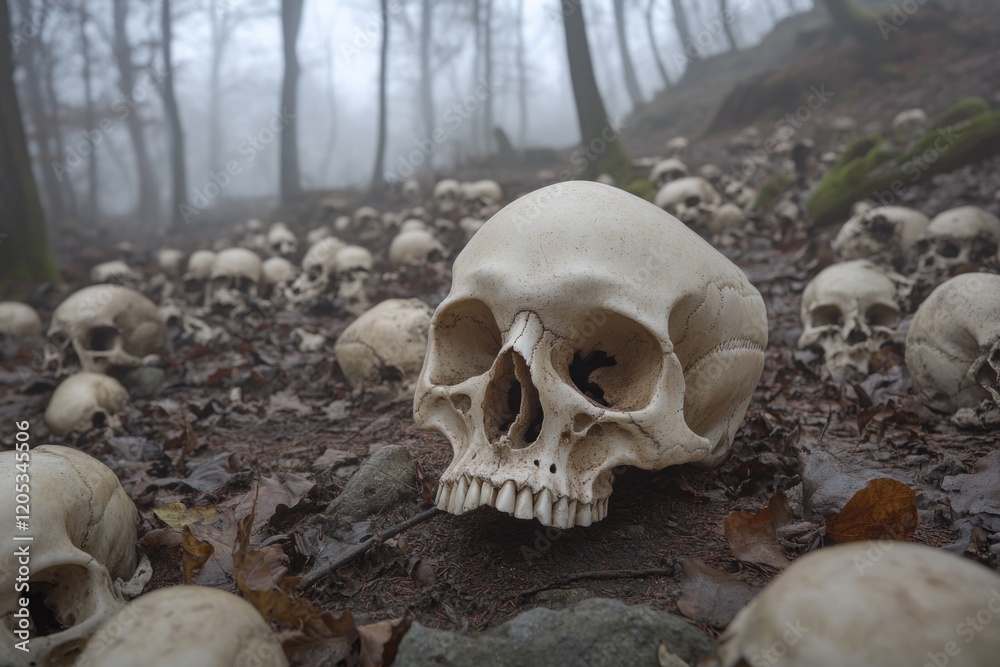 A collection of skulls sitting atop trees in a dense forest, perfect for use in horror or Halloween-themed projects A collection of skulls sitting atop trees in a dense forest, perfect for use in horror or Halloween-themed projects