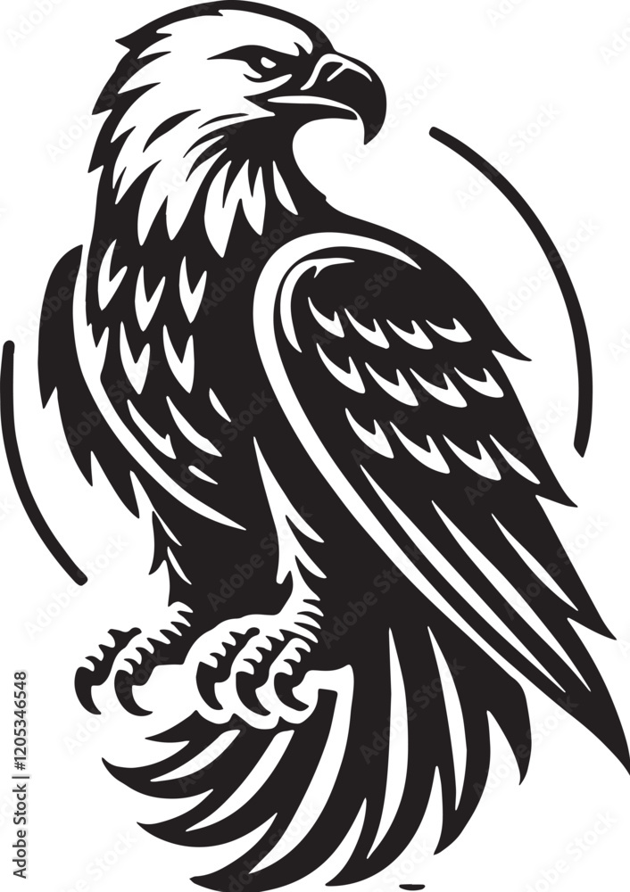 Obraz premium Black Color Bald Eagle Silhouette Vector Illustration, Solid White Background. minimal vector design