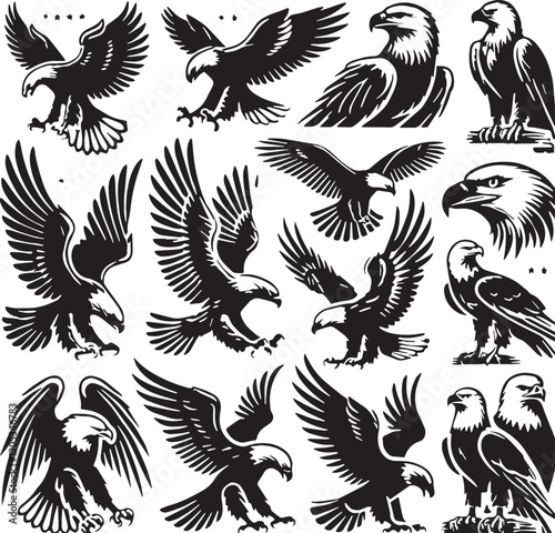Black Color Bald Eagle Silhouette Vector Illustration, Solid White Background. minimal vector design