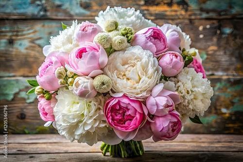 Aerial view: a luxurious pink and white peony hydrangea bouquet, elegantly arranged against a textured backdrop.