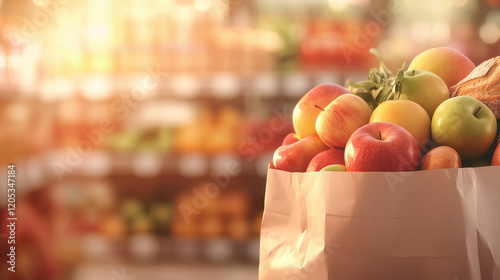 A close-up of a paper bag filled with colorful groceries like apples, bread, and packaged items, set against blurred grocery store shelves. The bokeh background adds a dreamy quali photo